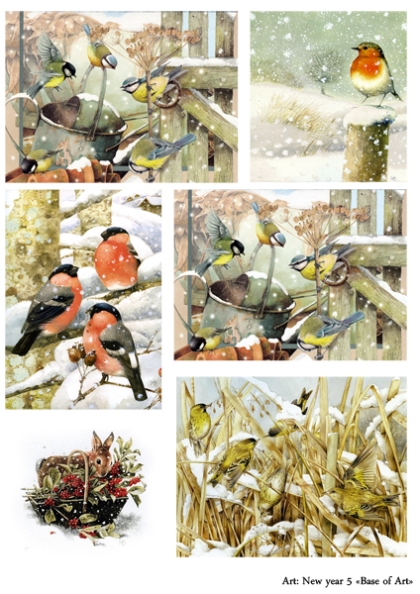 Декупажные карты Новогодние, Зимние птицы, Base of Art новые тонкие